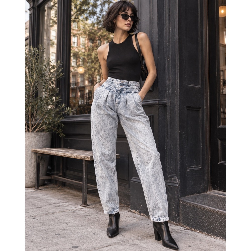 Vintage Lee Acid Wash Pleated Mom Jeans High Rise Tapered Leg 13 M